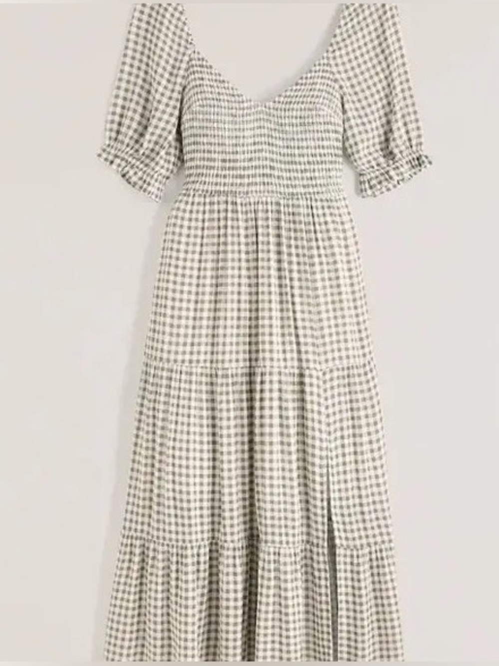 Gingham Tiered Puff-Sleeve Midi Dress in Cream & Green